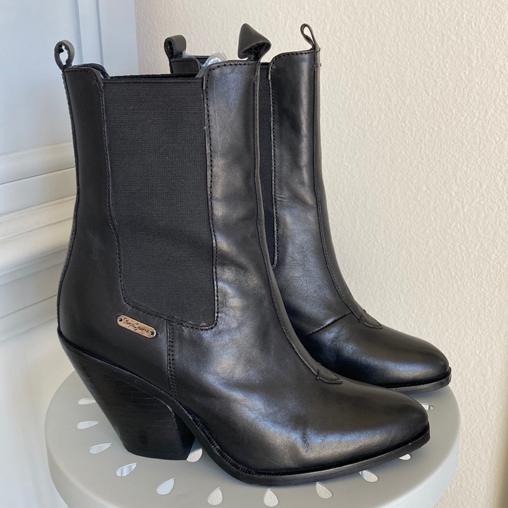 Pepe Jeans London Black Leather Cowboy Western Boot Bootie w Goring size EU 37